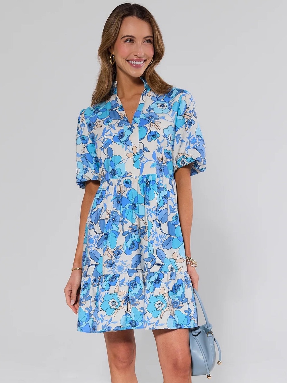 Avara Cassie Blue Floral Babydoll Mini Dress Puff Sleeve Notch Neck Size Small